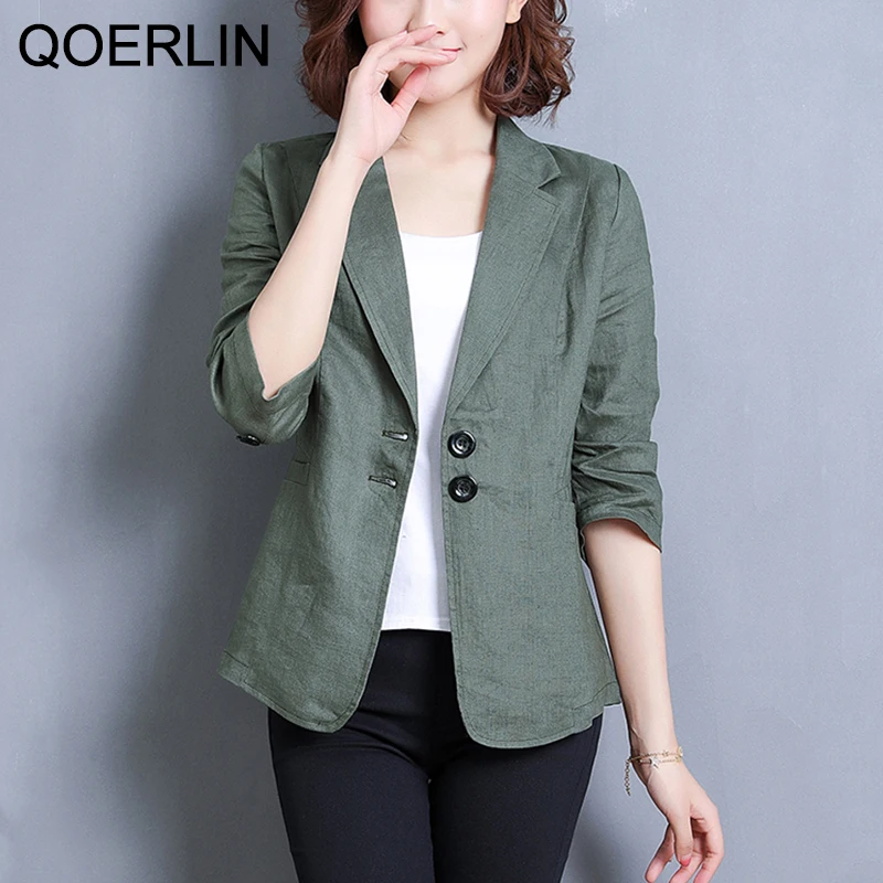 QOERLIN Notched Collar Blazer Linen Suit Jacket Women 2022 New Slim Thin Summer Cotton Linen Pocket Two Buttons Suit Office Lady