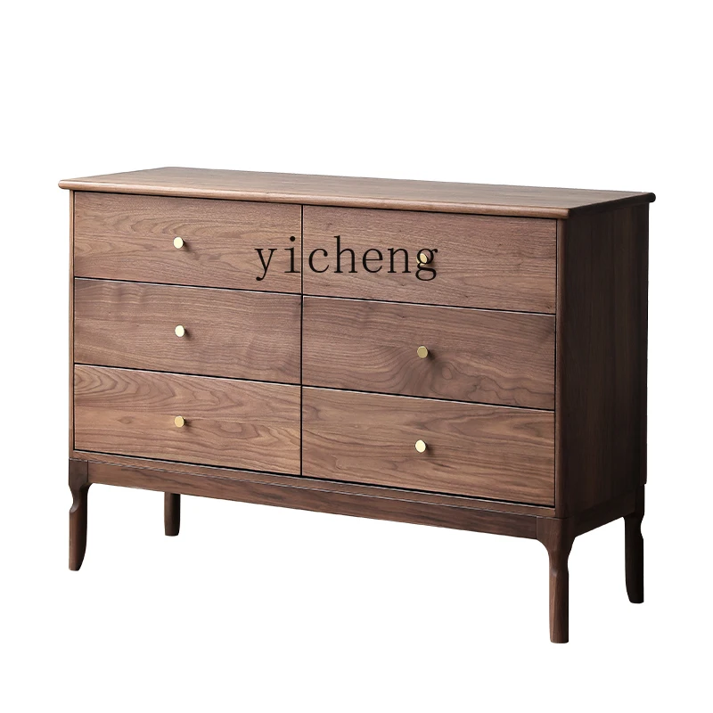 

ZC Black Walnut Chest of Six Drawers Retro Bedroom Modern Locker Living Room Solid Wood Storage Cabinet
