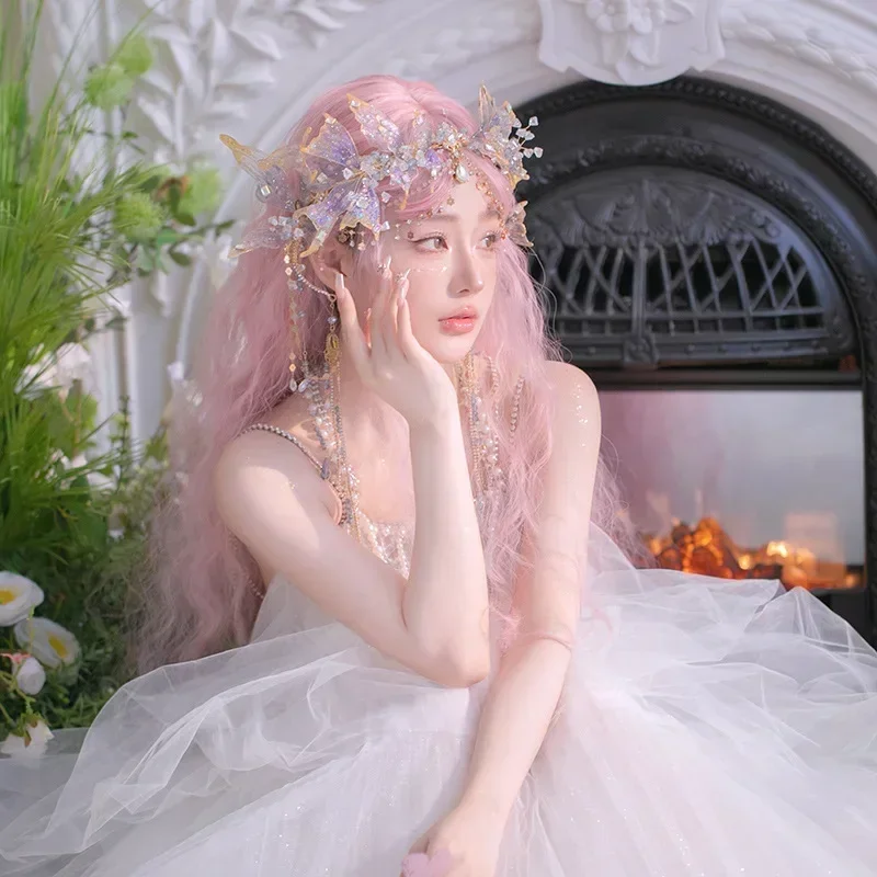 Fascia per capelli in cristallo fatta a mano della dea Corona di sirena Tiara Orecchini Ornamenti per capelli da elfo Copricapo Accessori per costumi cinesi retrò
