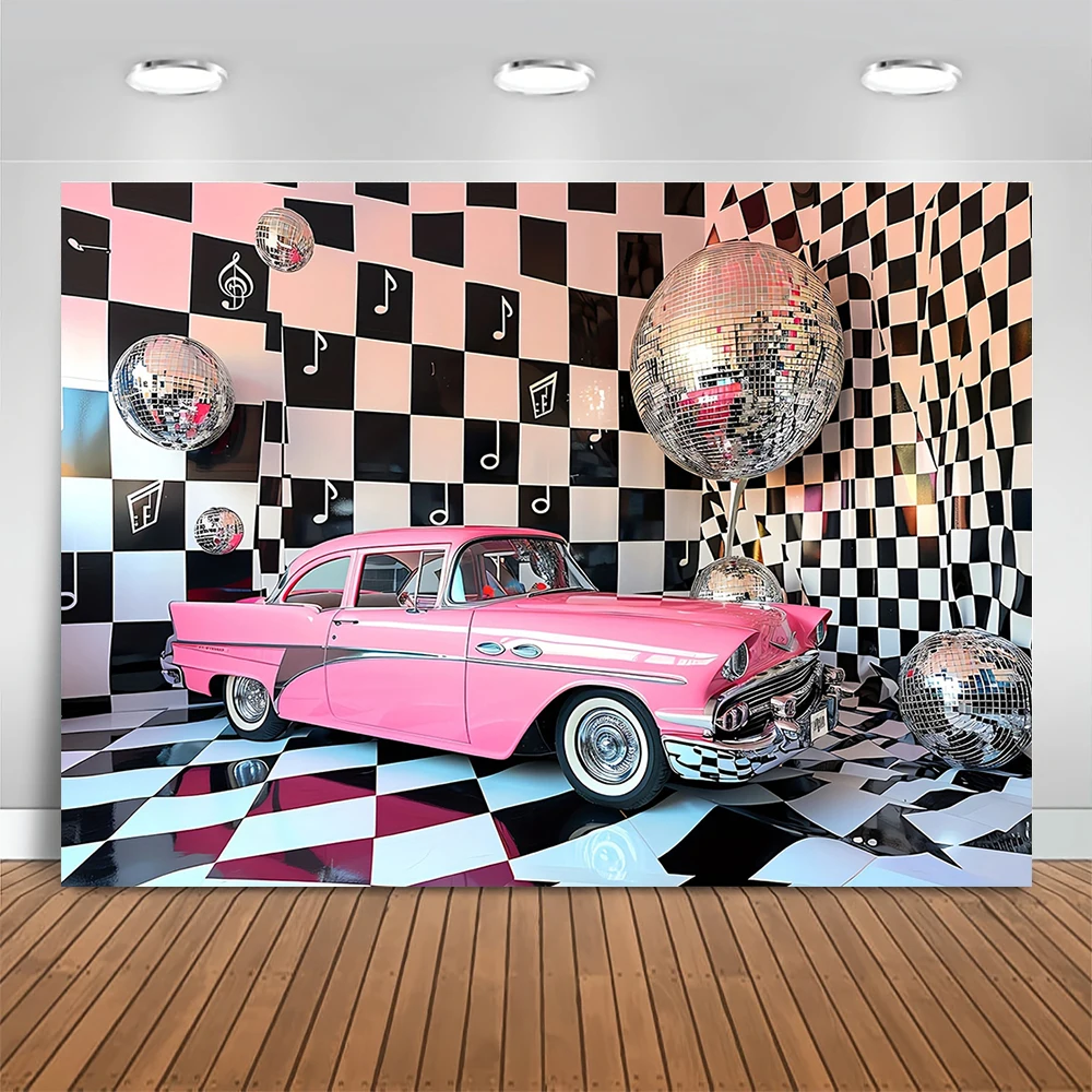 Retro Restaurant Party Backdrop Hot Pink Rock Disco Car Photography Background Girls Birthday Party Decor Banner Photo Studio