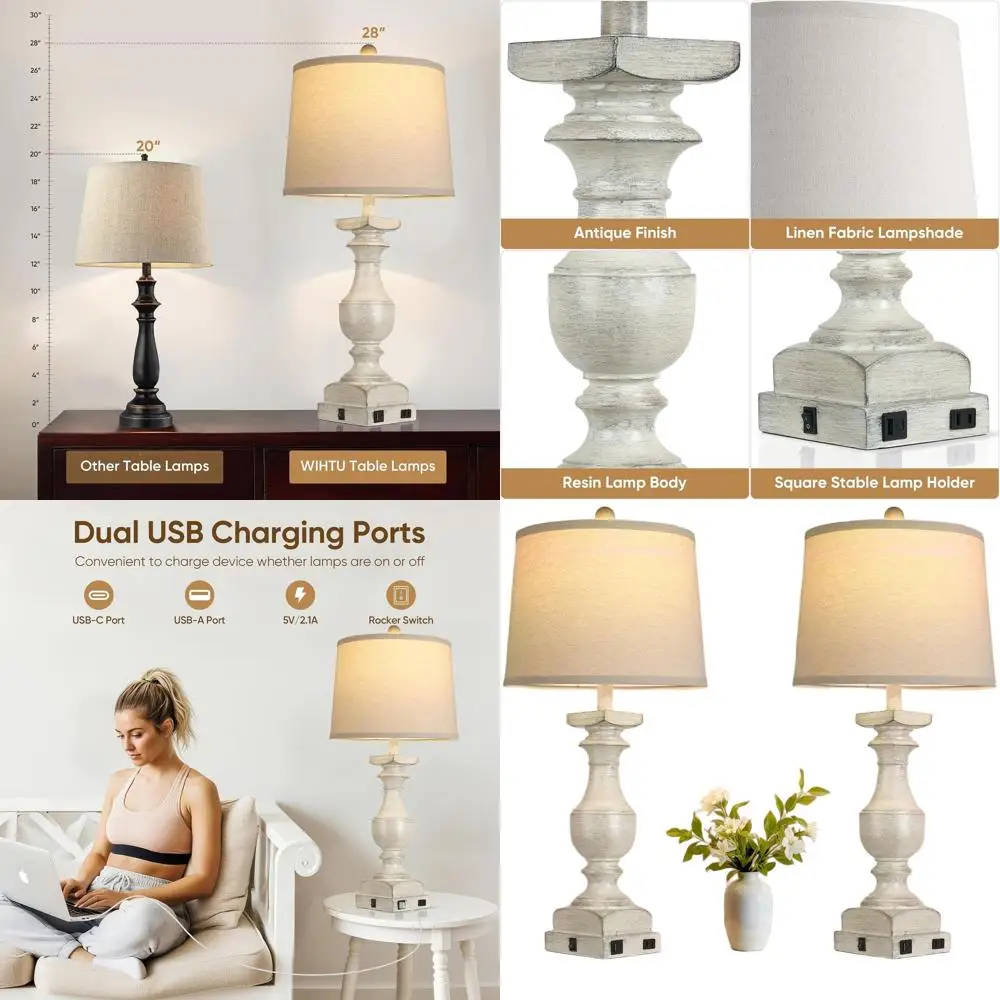 

Pair of 28 Vintage-Style Bedside Table Lamps with USB Ports, Beige Shades, and Included Bulbs