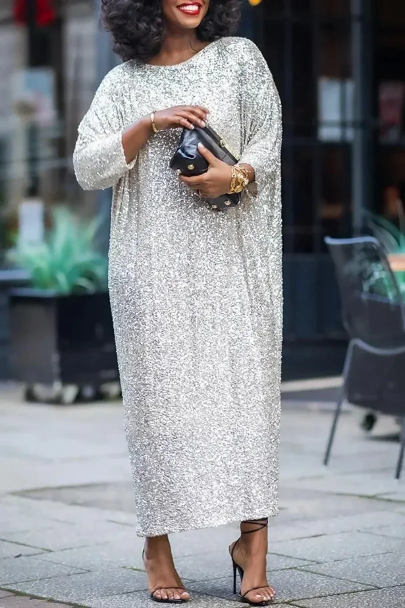 African Plus Dresses for Women Elegant African 3/4 Sleeve O-neck Silver Long Party Evening Maxi Dress Dashiki African Clothing