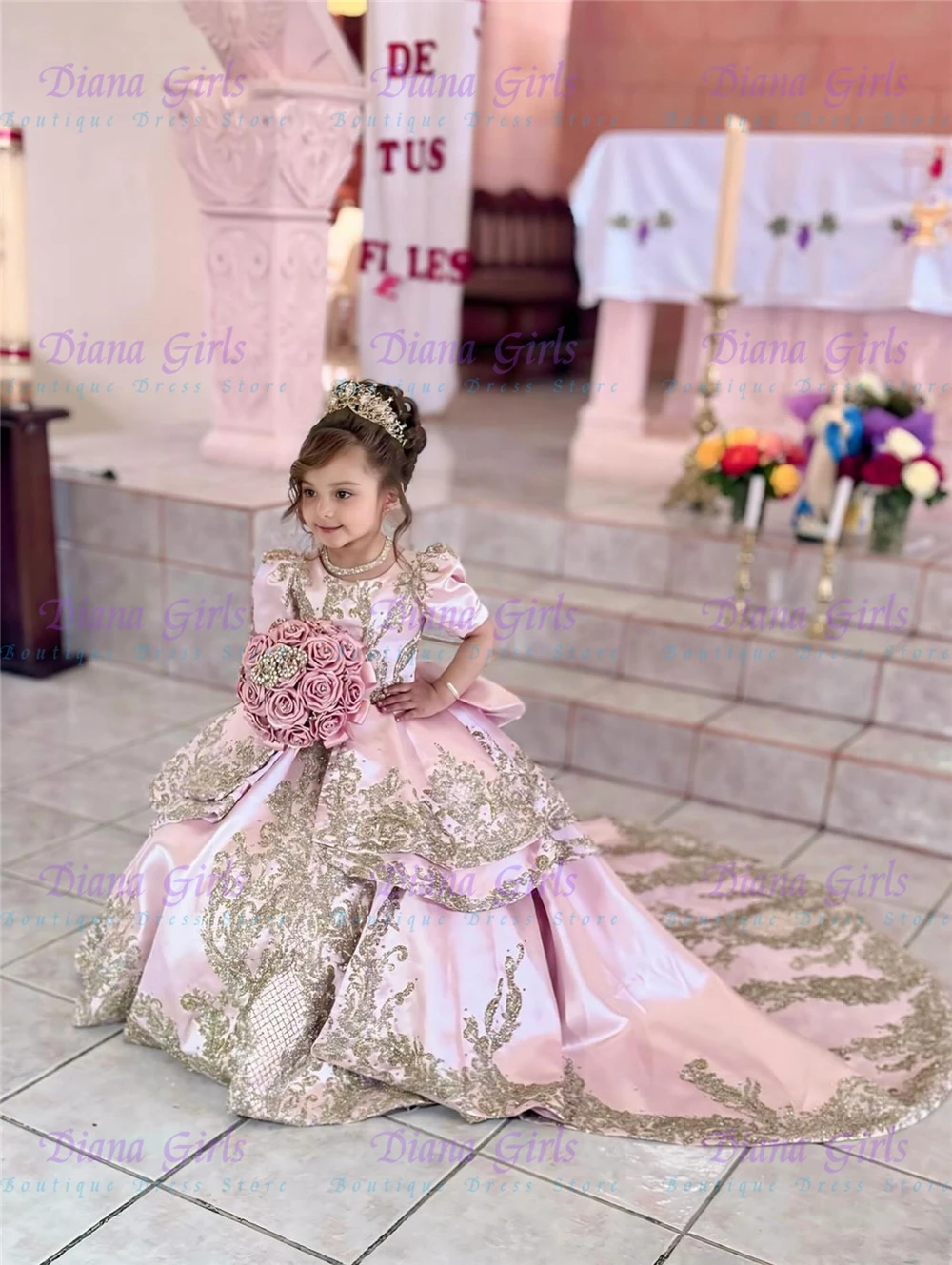 Elegant Pink Satin Fluffy Flower Girl Dress Quality Gold Lace Appliques For Wedding Kids Birthday Party Evening Customised Gowns