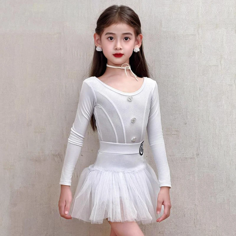 Kids Girls Latin Dance Costume Velvet Long Sleeve Bodysuit and Mesh Chiffon Skirts Rumba Chacha Performance Practice Set