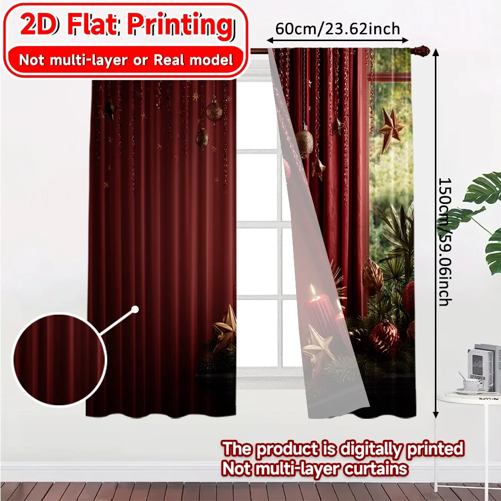 2D FLAT PRINTING 2pcs Curtains (Without Rod) Christmas Red Decor Ramadan Festival Fashion Curtains Semi-Sheer Curtains Holiday