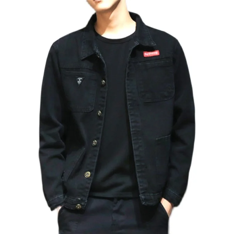 

Casual Bla Denim Jaet for Men Faionable Spring Autumn Sle Turn-down Collar Versatile Workwear Cozy Long Sve Coat