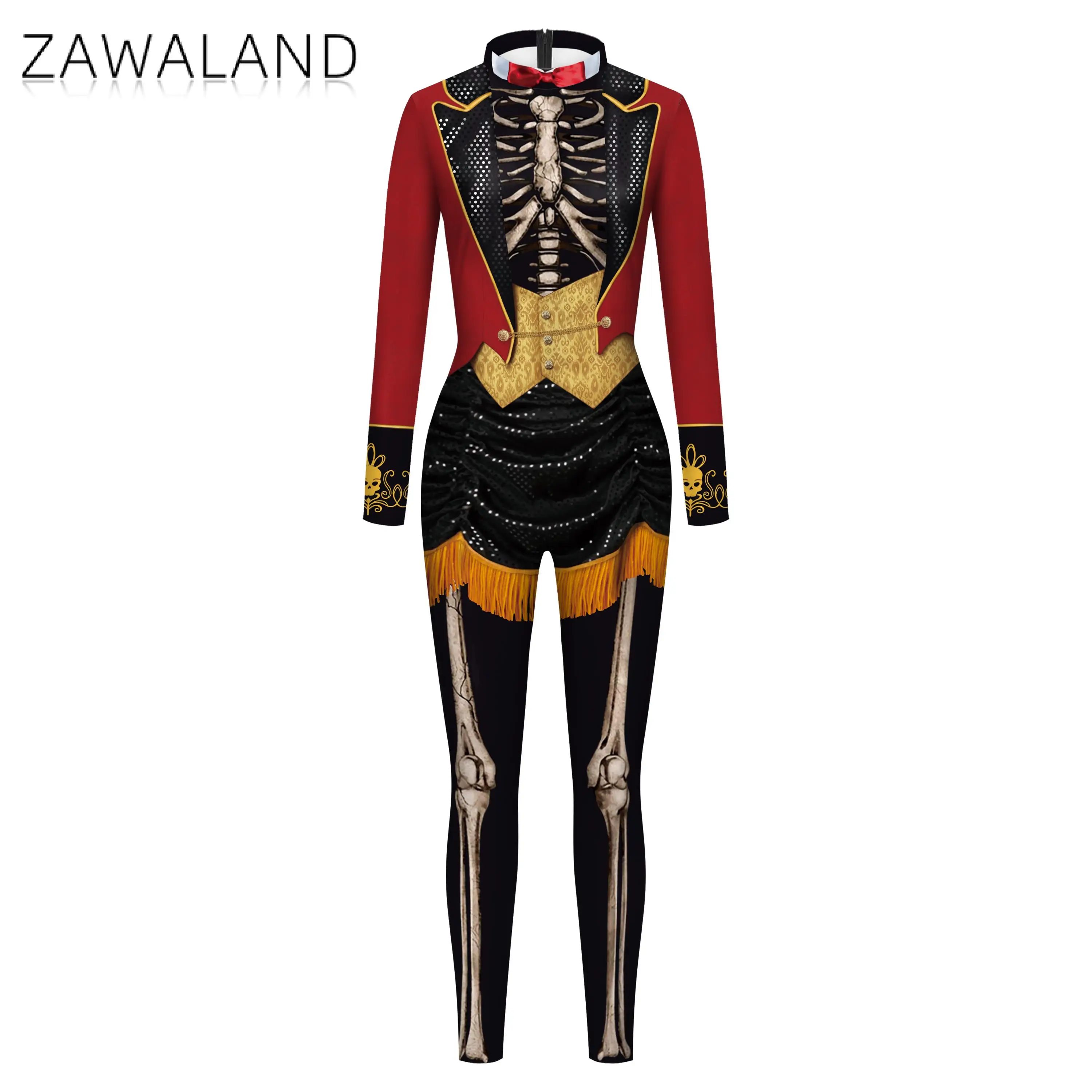 Zawaland disfraz de Cosplay para fiesta de Halloween, monos con estampado 3D de esqueleto, mono elástico Zentai, Catsuits de manga larga Sexy, Unisex