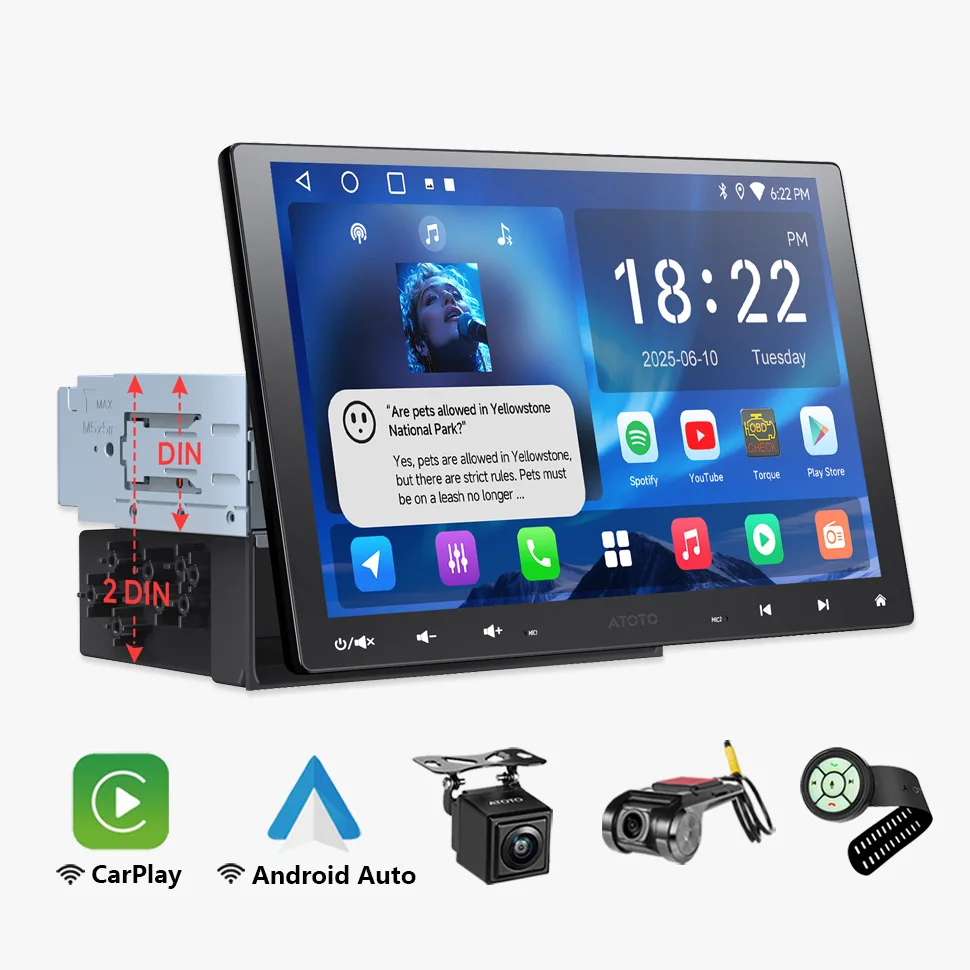 10 Zoll Android Autoradio Single 1 Din mit ausfahrbarem Bildschirm, Apple CarPlay, Android Auto, 1Din Bluetooth-Radio-Headunit