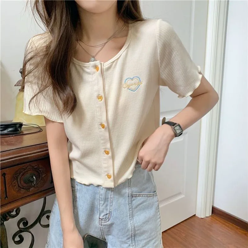 Women Clothing Fashion Love Embroidery Short Sleeve Tshirt Summer Chic Stringy Selvedge Knit Short Cardigan Casual Versatile Top