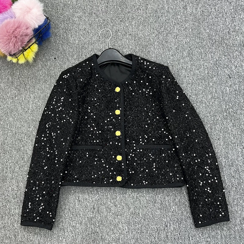 

JANEFUR Women Tweed Short Coat 2024 Autumn Elegant O Neck Cropped Jacket Female Luxury Korean Fashion Sequined Outwear Clothing