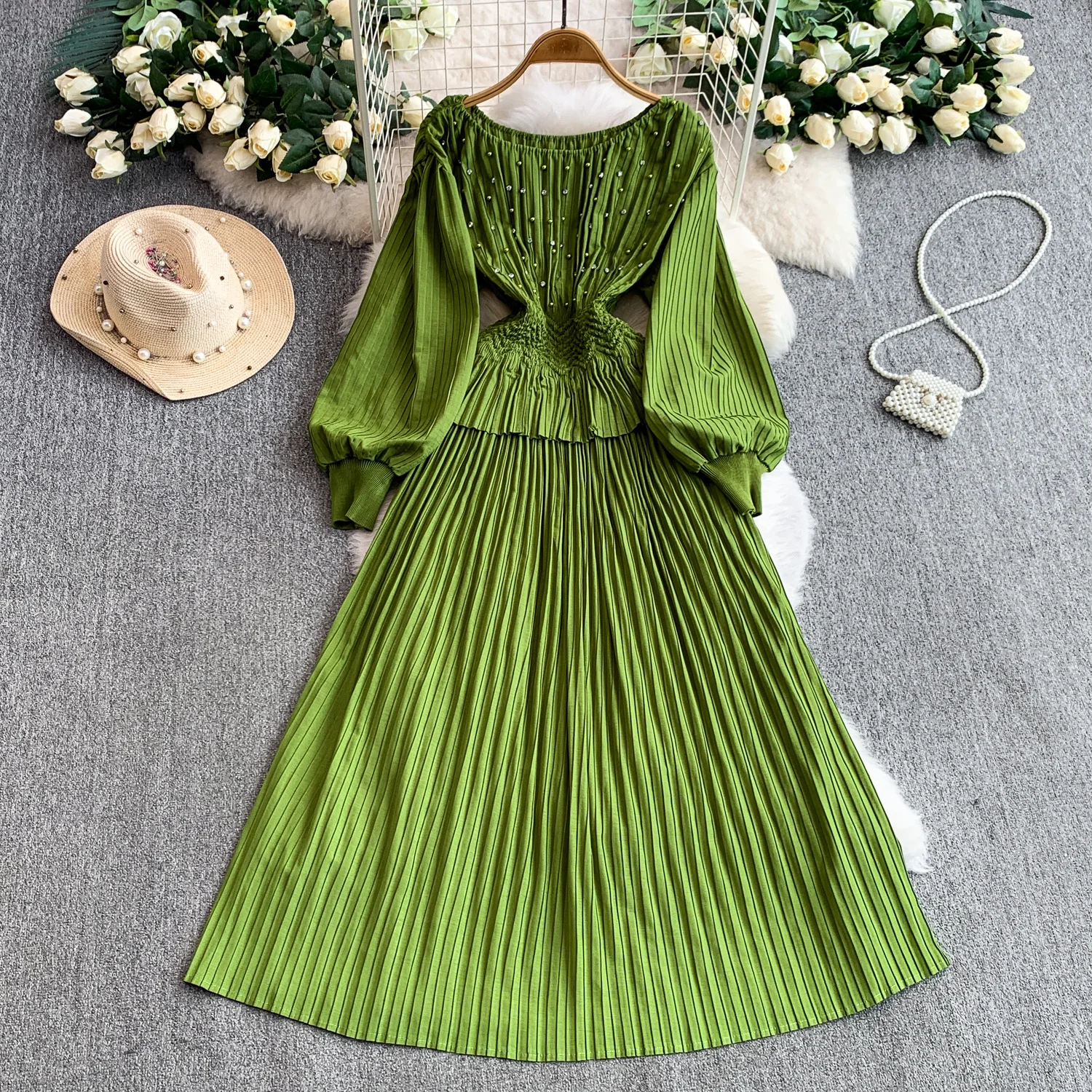 ชุดเดรสวินเทจประดับลูกปัด จับจีบ ดีไซน์หรูหรา สไตล์แฟรี่ แฟชั่นเกาหลี ชุดเดรสลำลองสำหรับฤดูใบไม้ร่วง เสื้อผ้าผู้หญิง