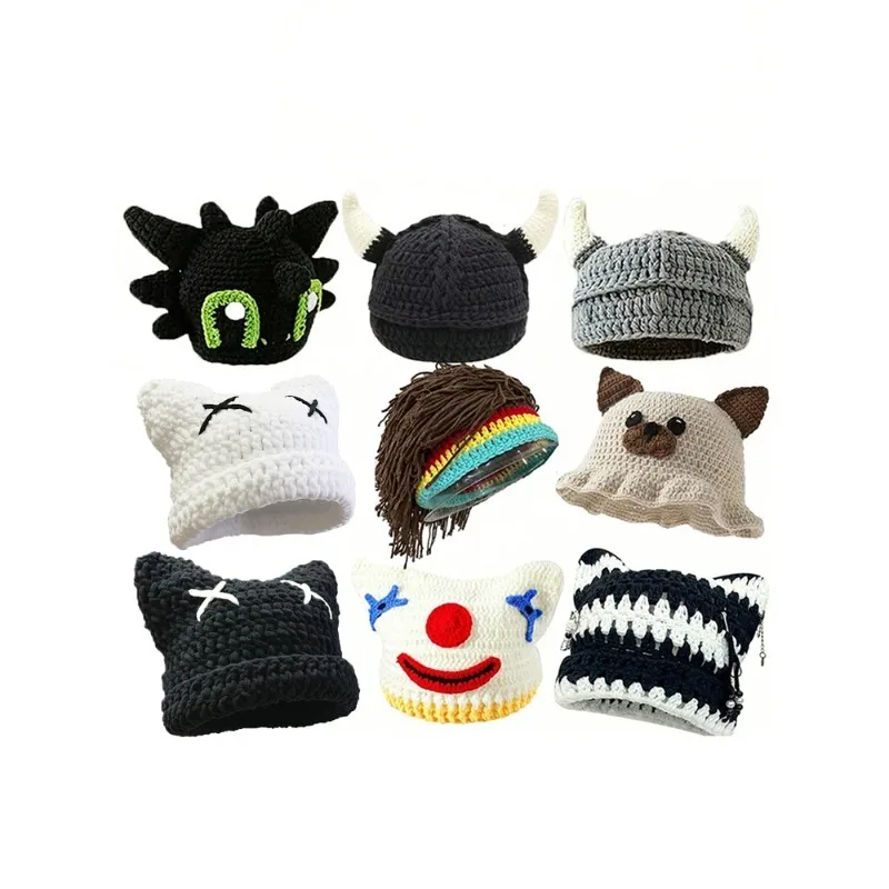 

Unisex Hand-Woven Cartoon Animal Fun K2y Soft Fashionable Horn Woolen Knitted Hat Cute Party Outfit Pullover for Street Wear