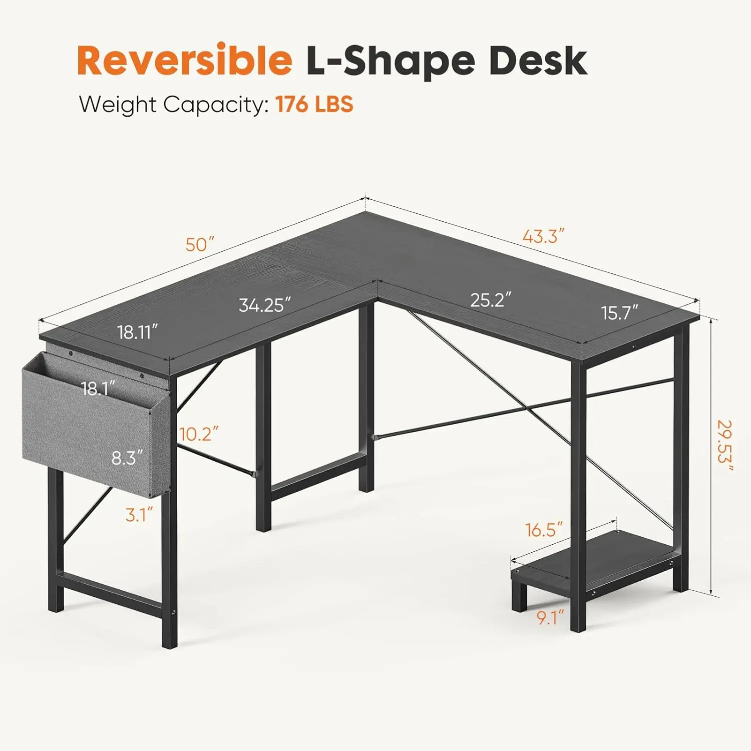 L Shaped Desk. 50-Inch Computer Desk. Corner Gaming Desk. CPU Stand. Home Office. Black. image 3