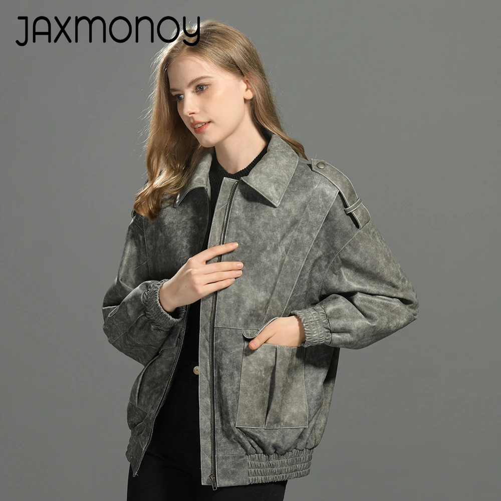 

Jaxmonoy Women's Real Leather Jacket Spring Sheepskin Bomber Jackets Lady Fashion Genuine Leather Overcoat 2024 New Arrival Fall