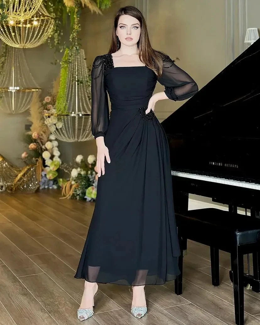 Square Neck Long Sleeves Chiffon Evening Dress A-line Beaded Elegant Prom Dress For Women 2024 formal Occasion Dress