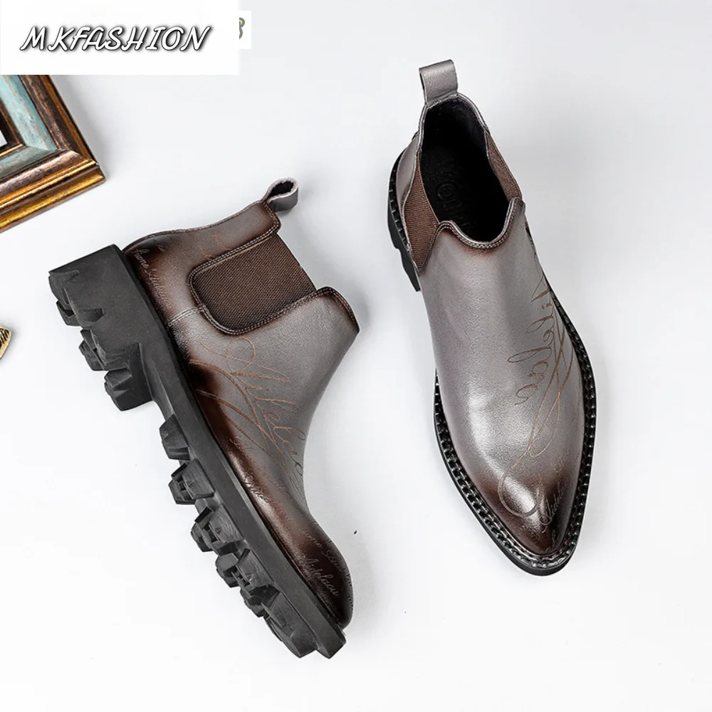 Men Pointed Toe Leather Boots Boots Cowhide Carved Fashion Thick Heel Height Increase