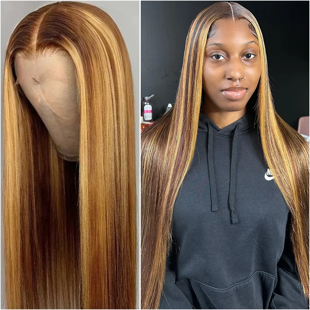 

40 Inches P4/27 Highlight Bone Straight 13x6 HD Transparent Lace Frontal Wigs 200% Density Human Hair Pre Plucked Lace Front Wig