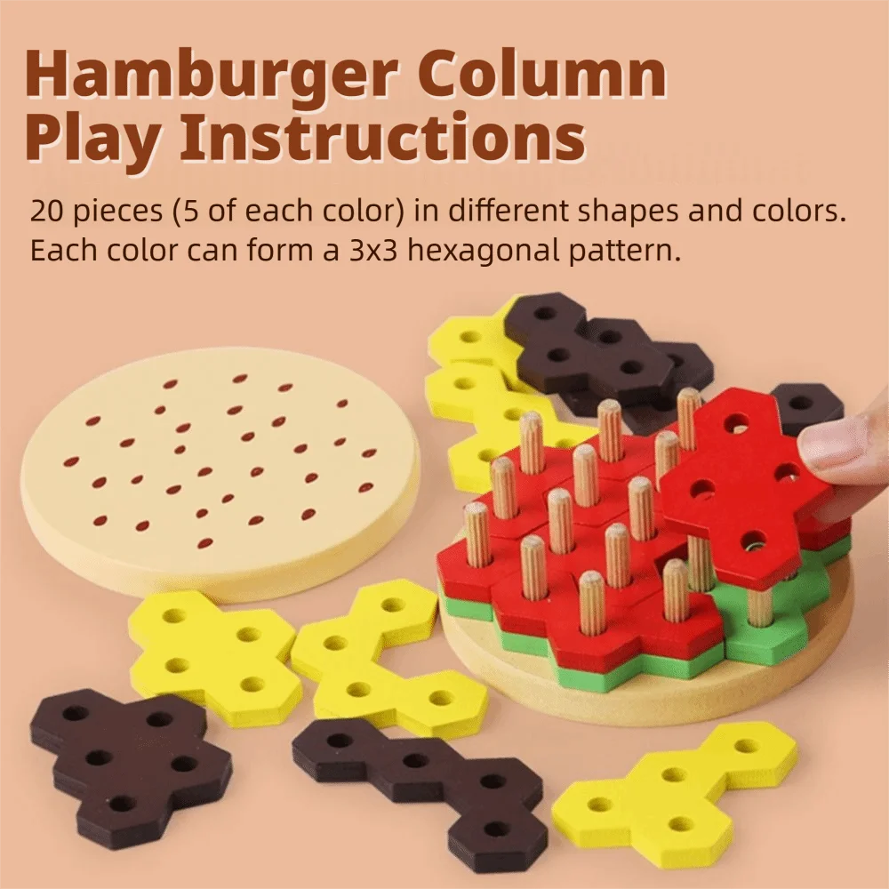 Creatieve 3D Burger Puzzel Speelgoed Houten Blokken Zeshoekige Mouw Kolom Montessori Stapelen Speelgoed Kleur Cognitie Geometrische Vorm