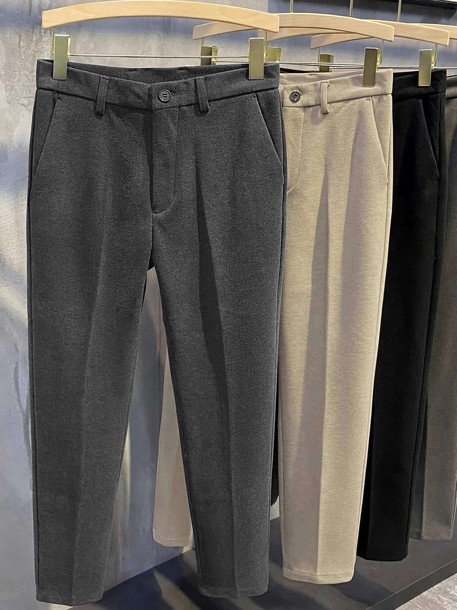 

Autumn Winter Men's Woolen Straight Leg Casual Suit Pants Faion Slimming Cone aped Warm Fitting Korean Sle Long Trousers