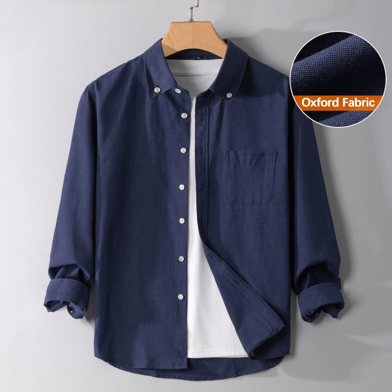 Autumn Oxford Long Sleeve Shirt Men's Simple Slim Breathable Classic Solid Color Business Office Casual Shirts Dress White Blue