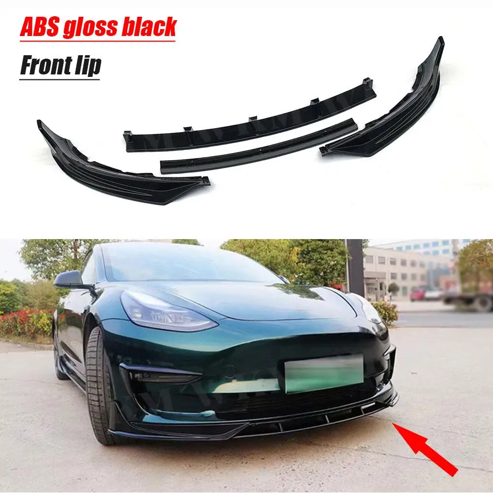 ABS Carbon Look Gloss Black Front Bumper Lip Spoiler For Tesla Model 3 Head Chin Guard Car Styling 3Pcs/set