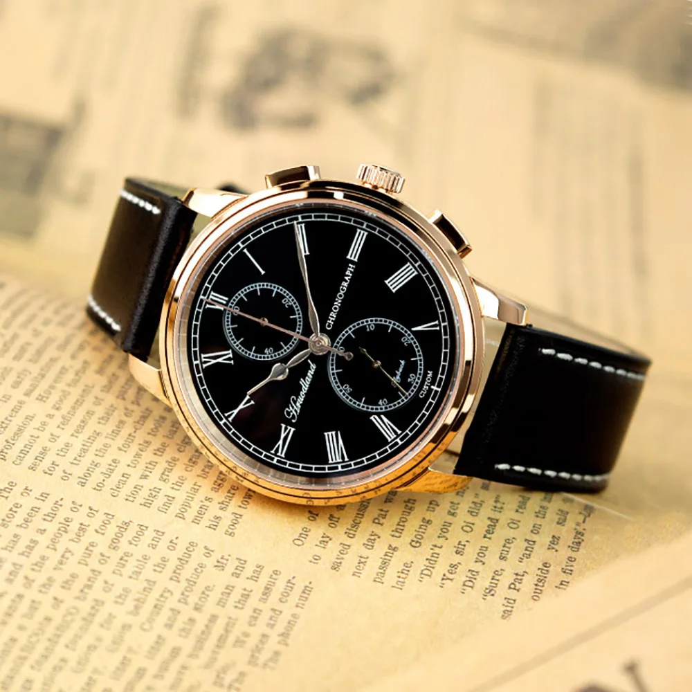 Hruodland G004 Rose Golden Men\'s Quartz Chronograph Watch Sapphire Glass Blue Black Stainless Steel Dress Wrsiwatches for Men