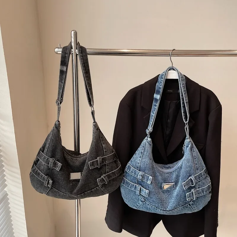 

Shoulder bag women's bag trendy personalized loop with decorative denim shoulder messenger bag casual versatile commuter bag