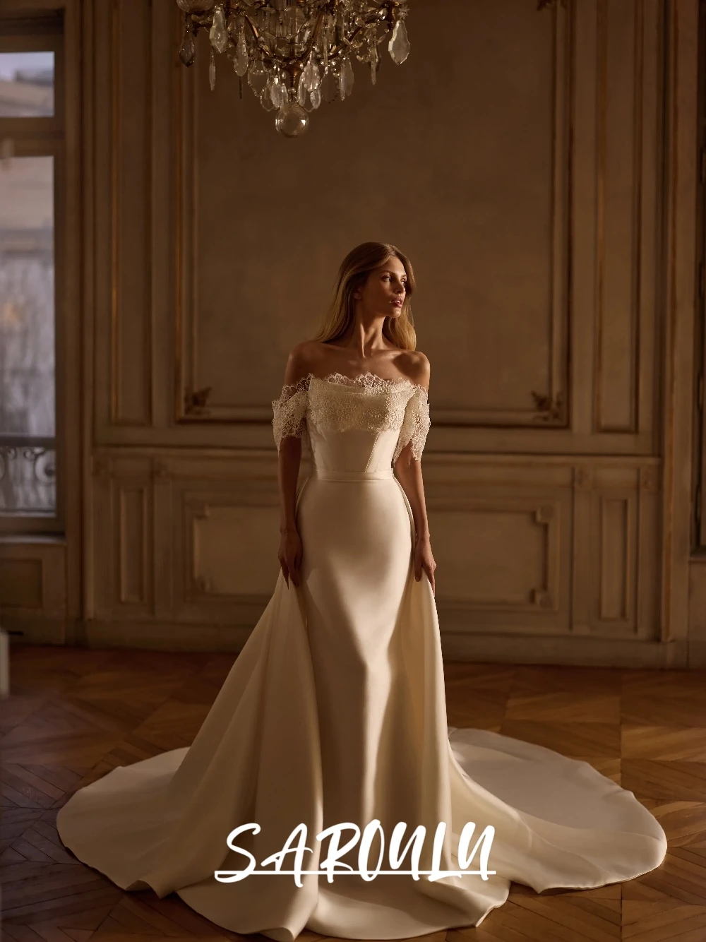 

Elegant Off the Shoulder Satin Noble Wedding Dress Gorgeous Lace A Line 2 in 1 Bridal Gown Customized Zipper Back Bride Wear