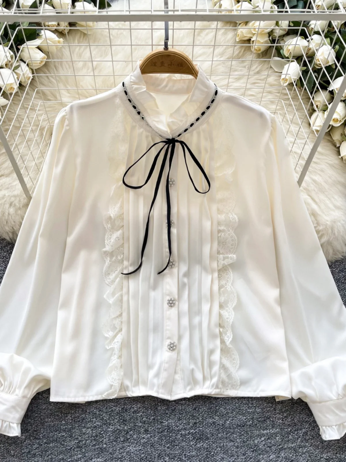 

Ele Long Sve Satin irt Women's Faionable Versatile Wood ain Ruffle Splice Slimming Top Commute Sle Korean Loos...