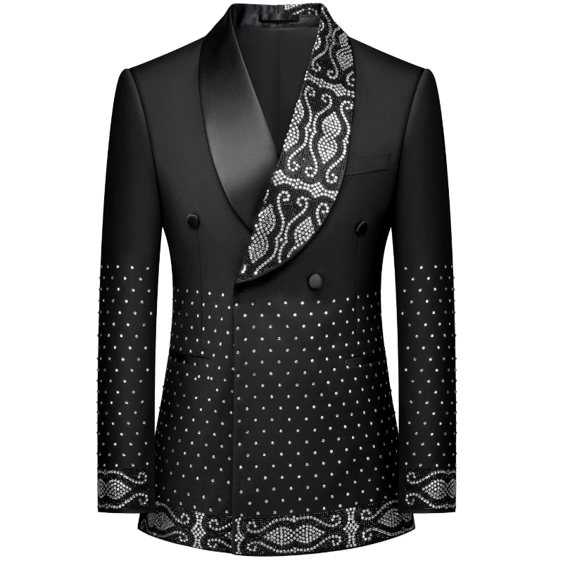 

Men's Elegant Black Double-breasted Suit Adorned With Silver Rhinestones - A Formal Outfit For Men