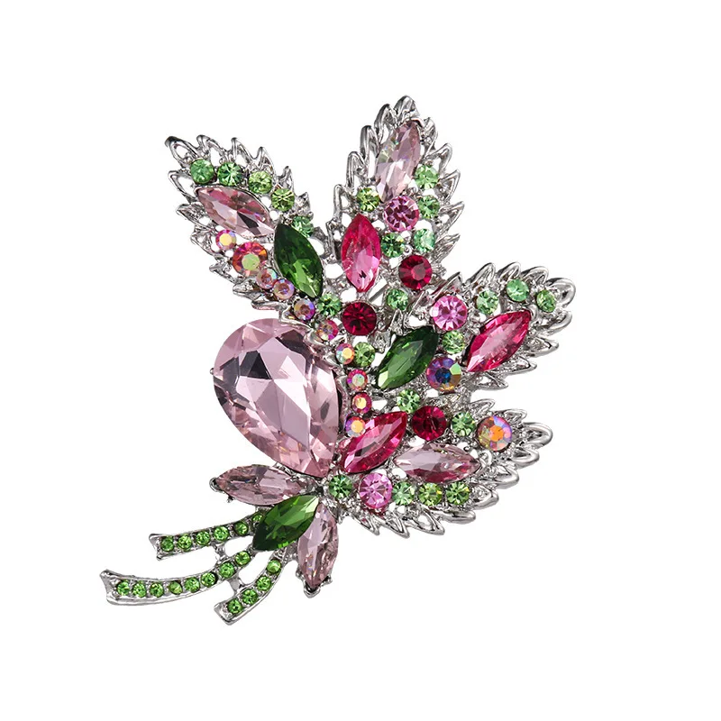 Pink Crystal Flower Brooch Rhinestone Pin Big New Elegant Romantic Wedding Bride Large Brooches For Woman Bridesmaid Jewelry