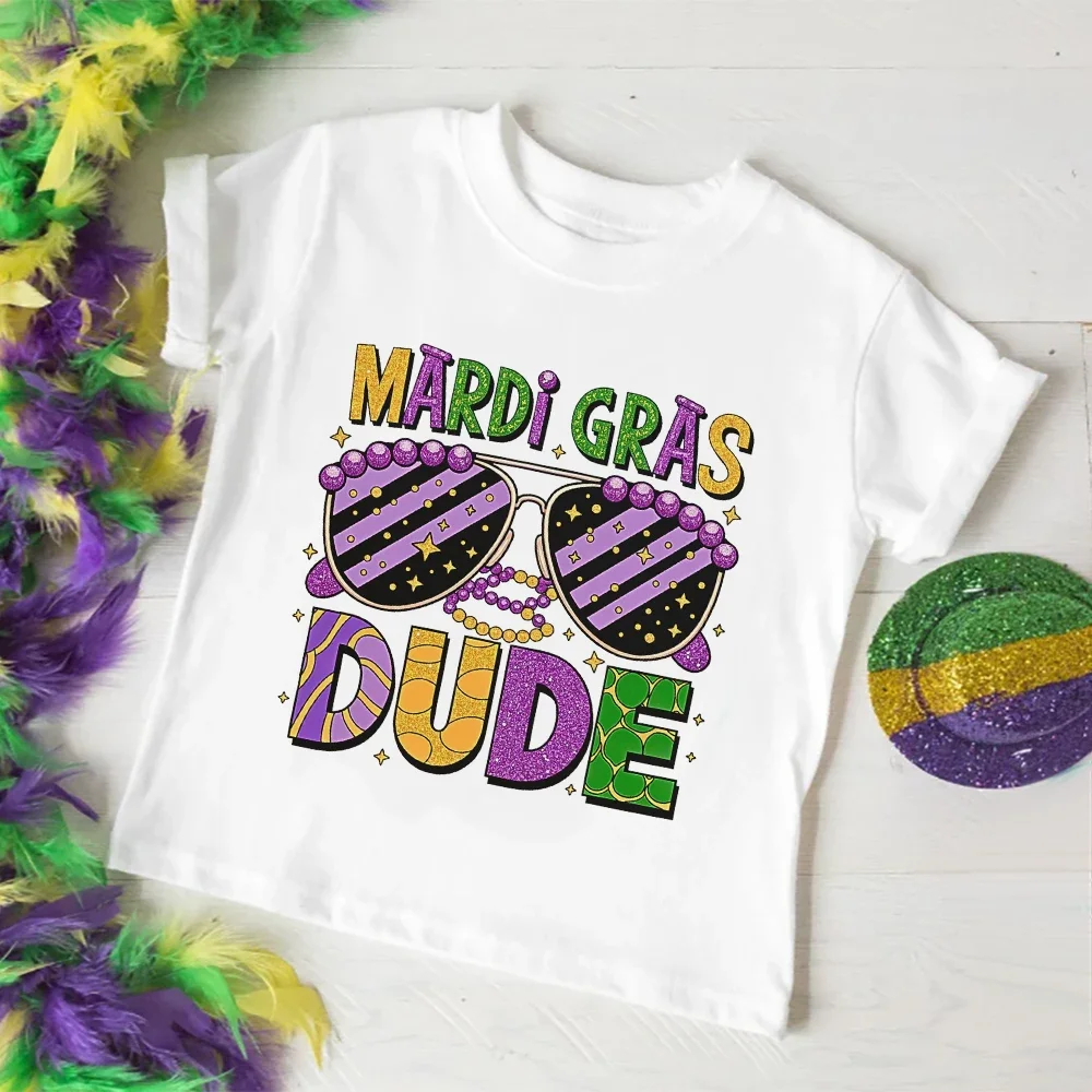 Mardi Gras Dude Printed Kids Short Sleeve T-shirt - Boys Girls Carnival Outfit Holiday Bleached Top for Children