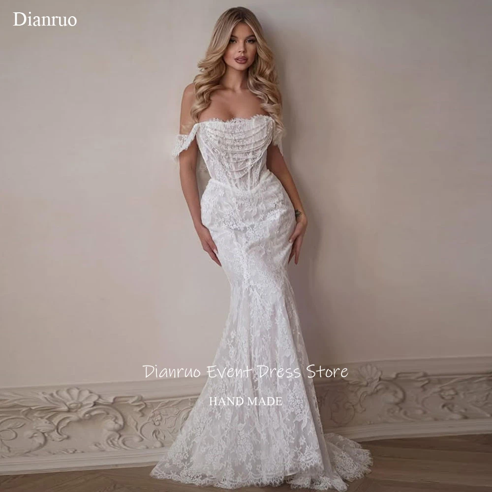 Dianruo Mermaid Romantic Wedding Dress Lace Delicate Vestido De Noiva Appliques Ruched Bridal Vestidos Novia Bohemio Customized