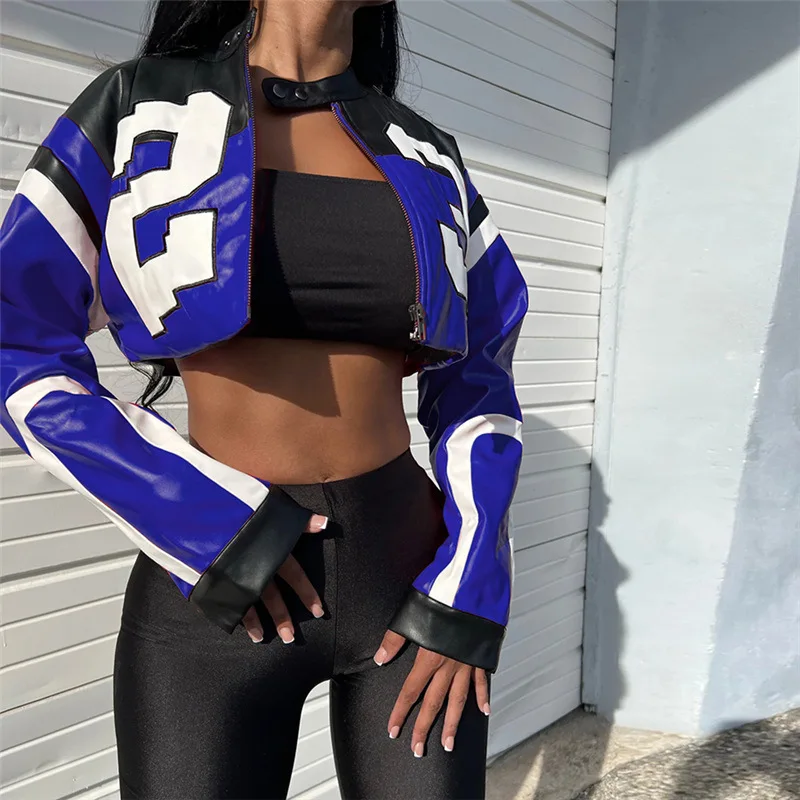 Crop Top Damska Kurtka Skórzana Moto Biker Styl Numer Nadruk Kurtka Damska Moda Odzież wierzchnia Damska Moto Biker Kurtka Zipper