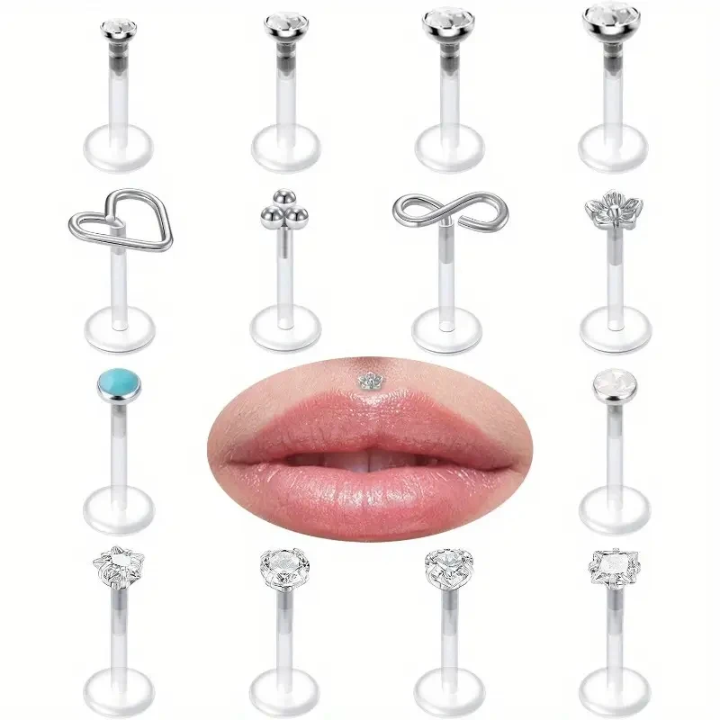 16pcs/Set Flexible Acrylic Forward Tragus Helix Cartilage Earrings For Women Retainer Bioflex Labret Lip Stud Piercing Jewelry