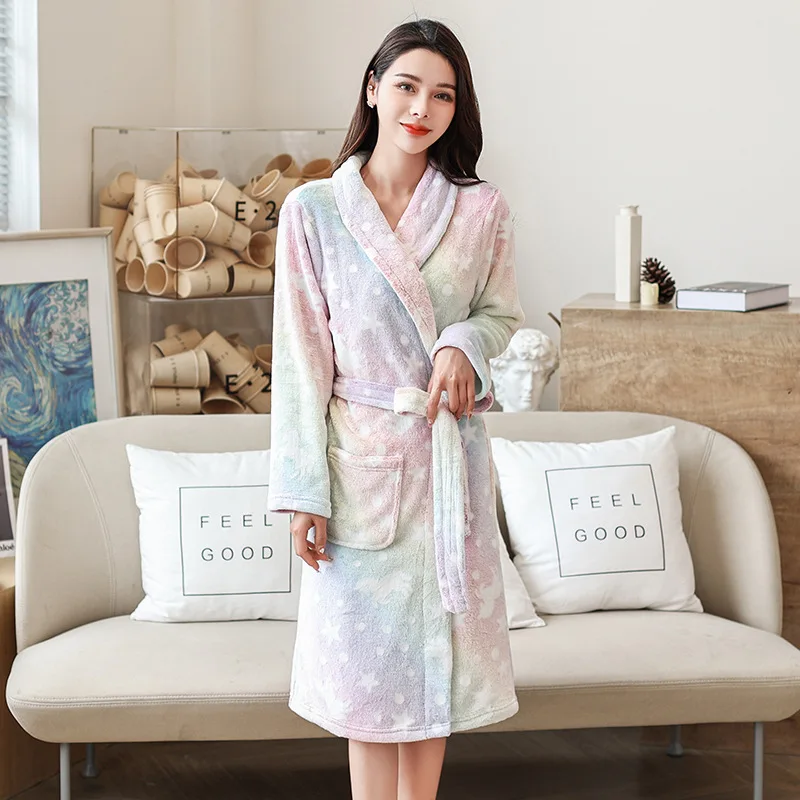 Bathrobe Women Flannel Fleece Warm Thicken Sweet Robes Winter Sleepshirt Robes Casual Soft Sleepwear Nightwear Home Pajamas Robe