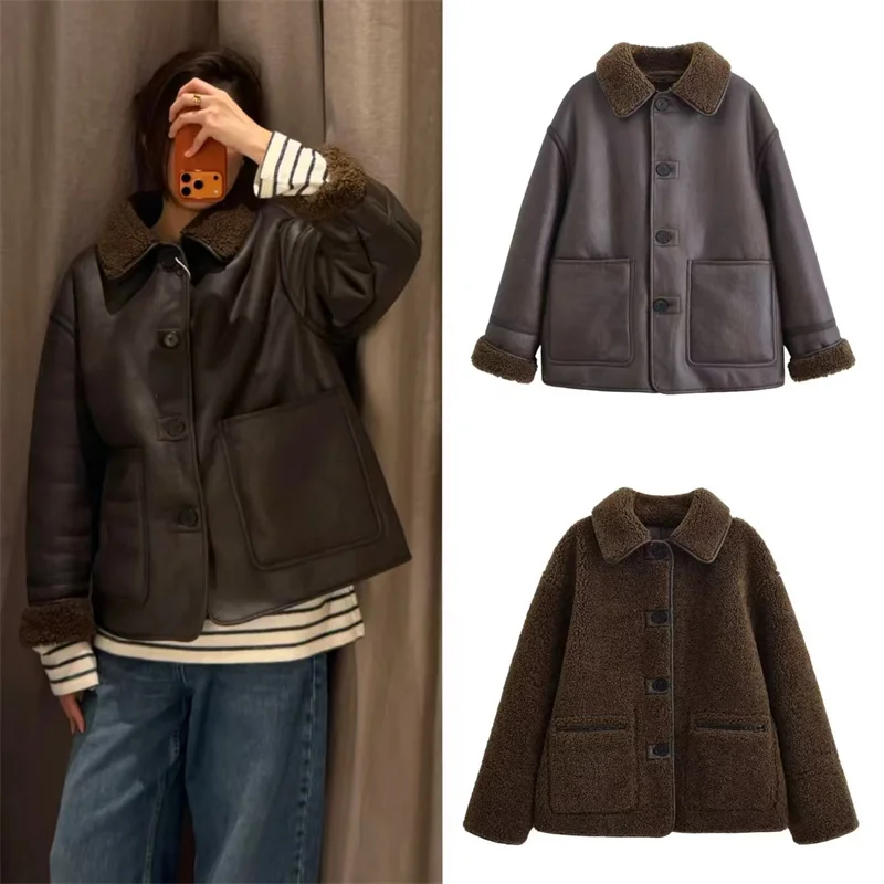 

Women's Jacket 2025 Autumn/Winter New Deep Brown Long Sleeve Faux Shearling Reversible Warm Coat Fashionable and Stylish