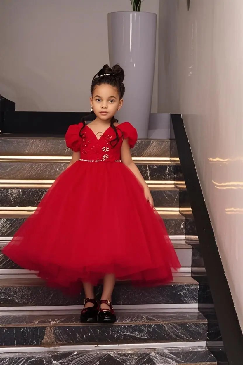 

Custom Red Children's Birthday Party Dress Beaded Puff Ball Dress Wedding Flower Girl Dress Baby Girl Evening Gown