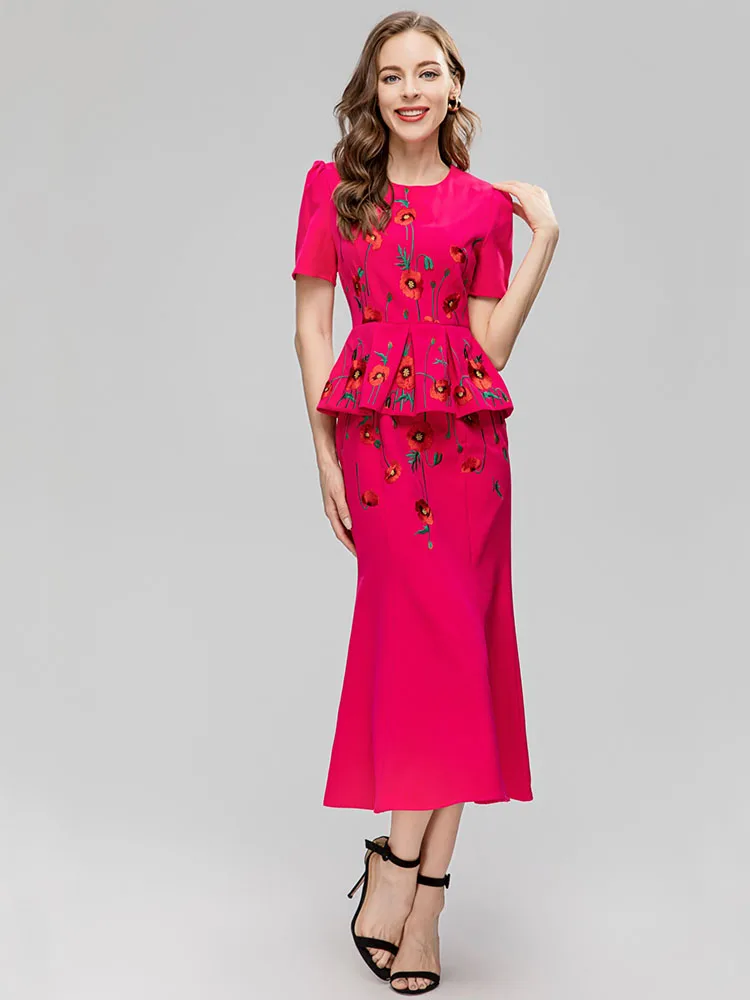 

JUNLINNA Fashion Elegant Women Embroidery Dress O-Neck Short Sleeve Patchwork Mermaid Tumpet Vestidos Midi