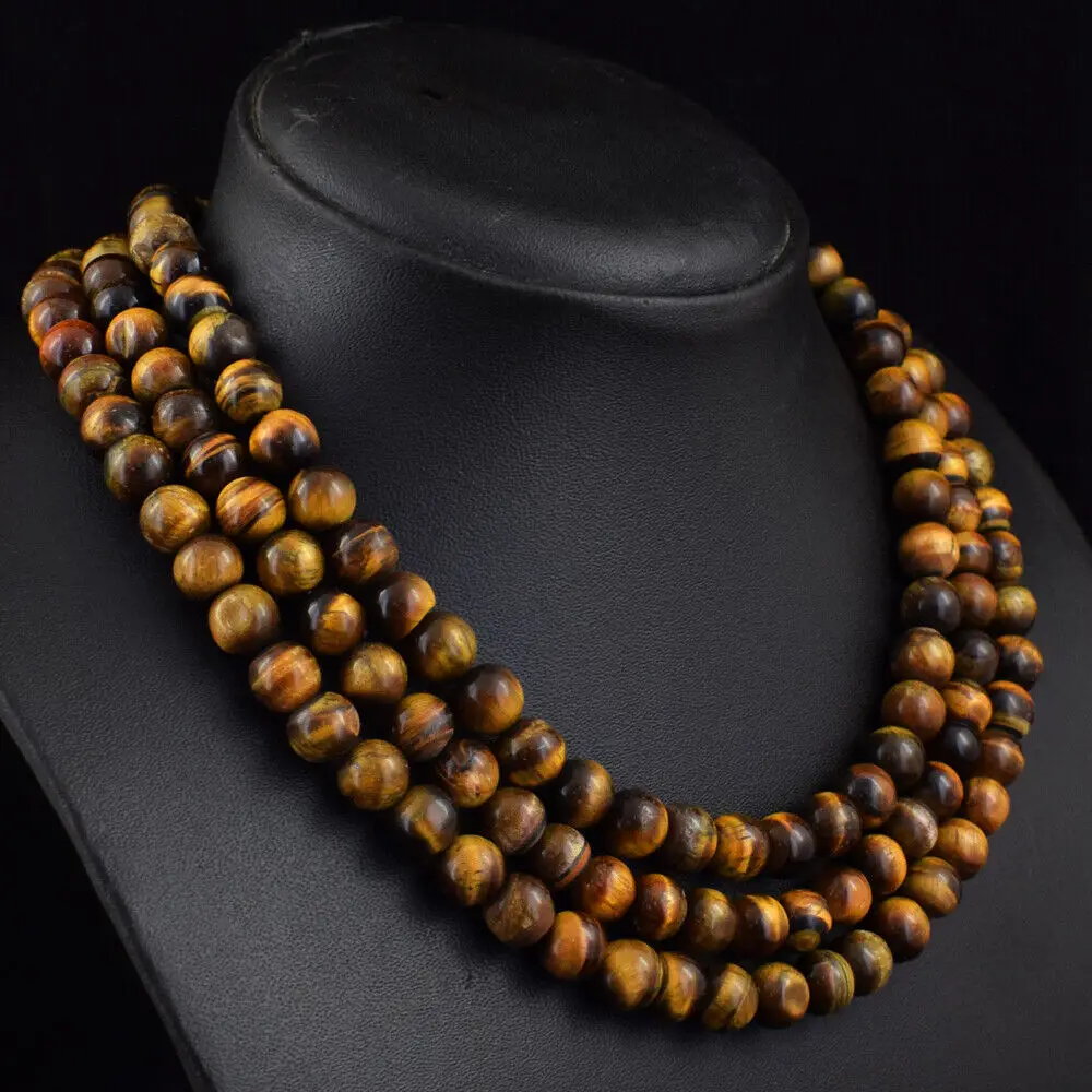 

878 Cts Natural 3 Strand Tiger Eye Round Shape Beads Womens Necklace