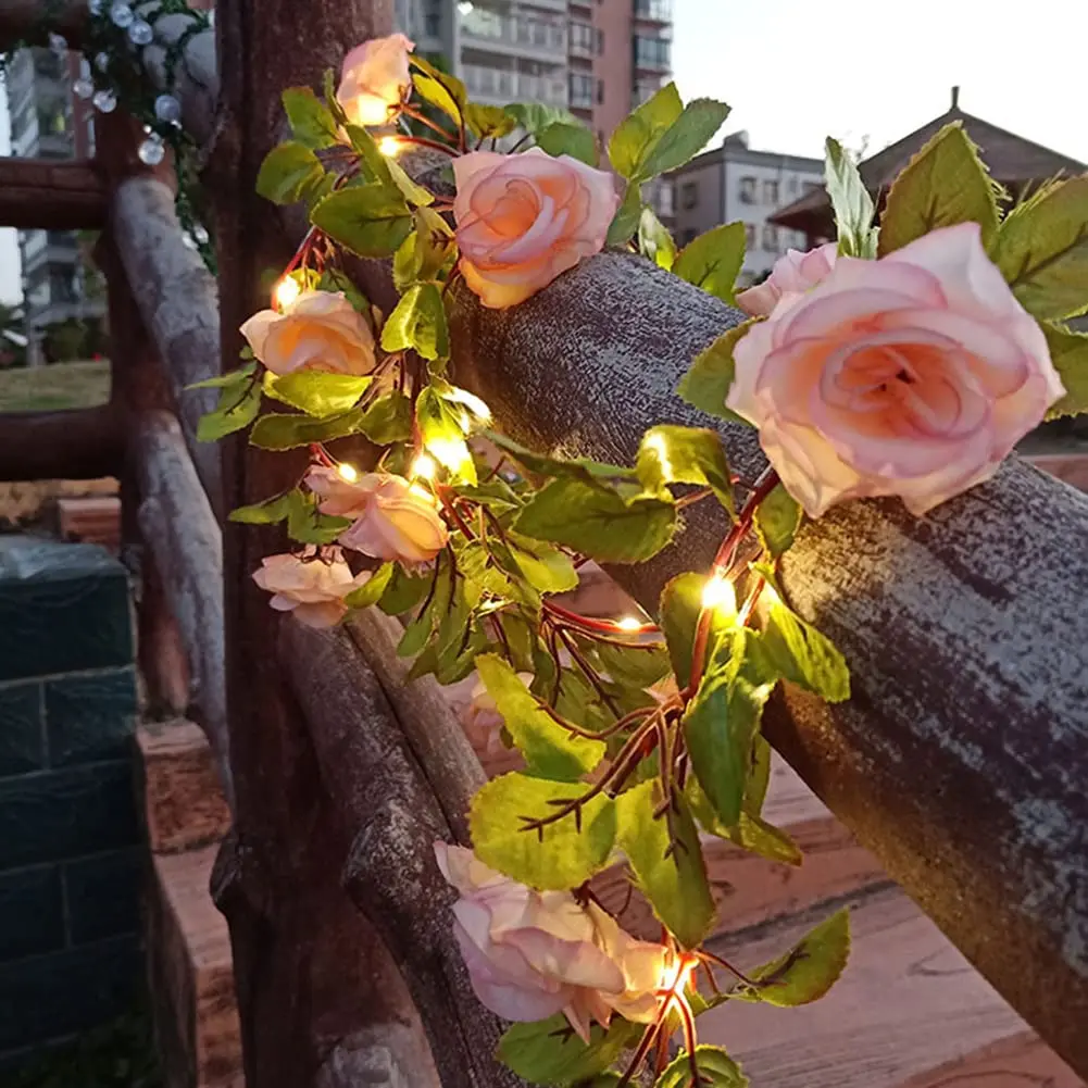 Cadena de luces de vid de flores rosas artificiales, guirnalda de rosas, planta de hadas, luz colgante de pared para el hogar, jardín, decoración de fiesta de boda