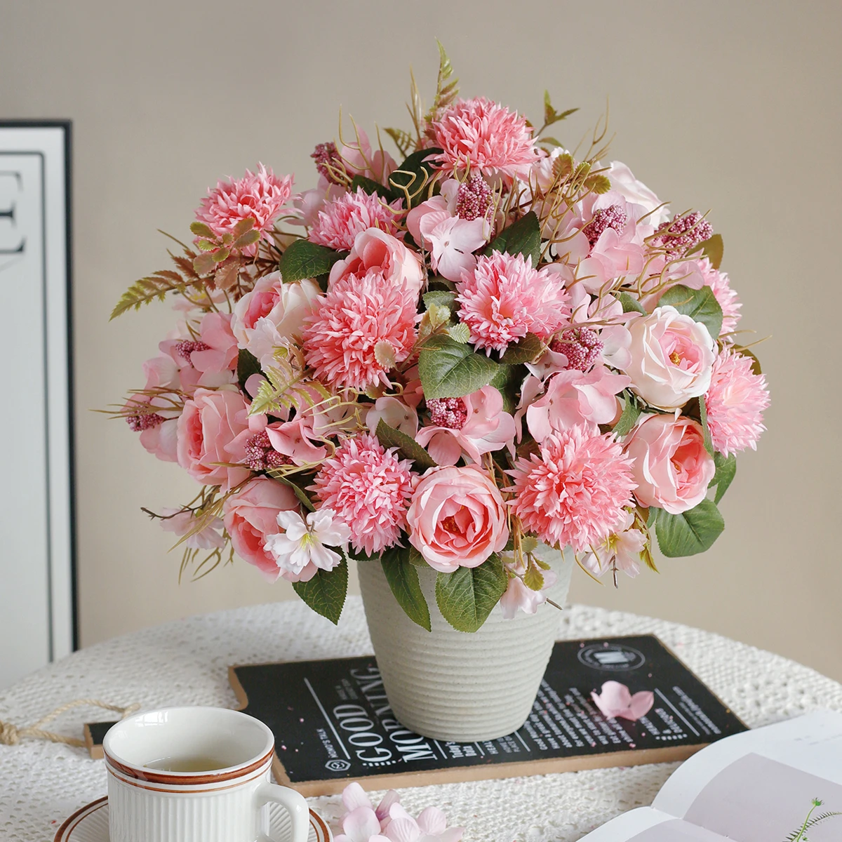 Ramo de Rosas Artificiales para Decoración de Bodas, Ramo de Novia, Peonía de Seda para Jardín, Bola Bordada, Flor Seca en Jarrón, Regalo para el Día de la Madre