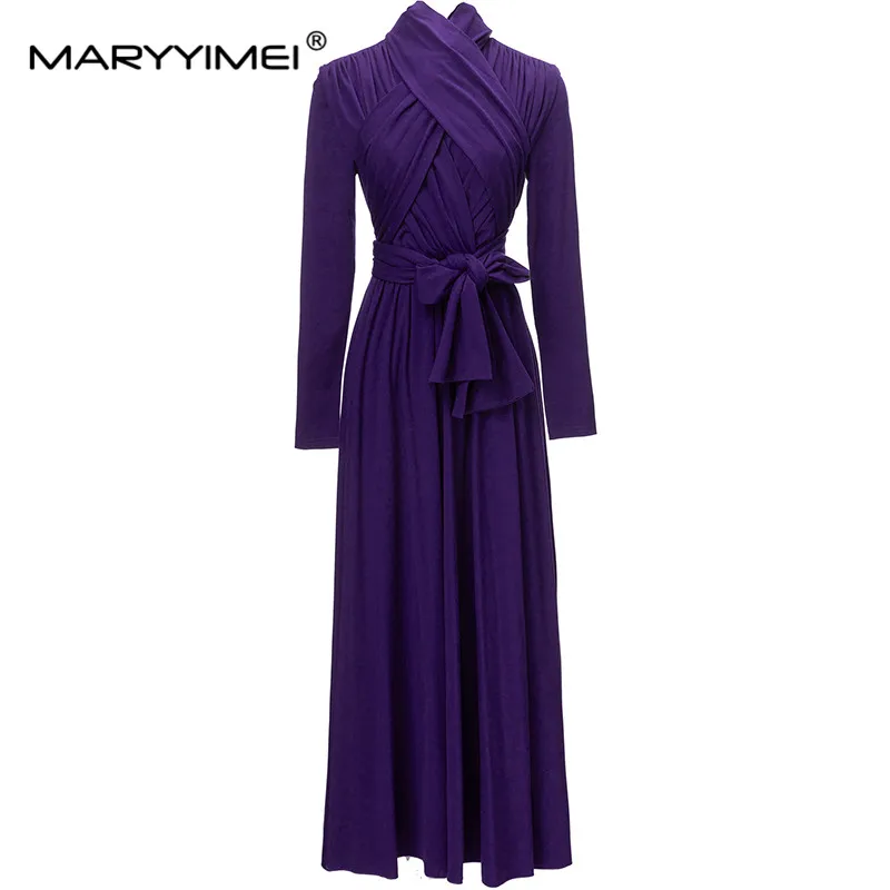 

MARYYIMEI 2023 High Street Fashion Runway Designer Dress Women's V-Neck Cross Pleated Girdle British Style Elegant Formal Dress