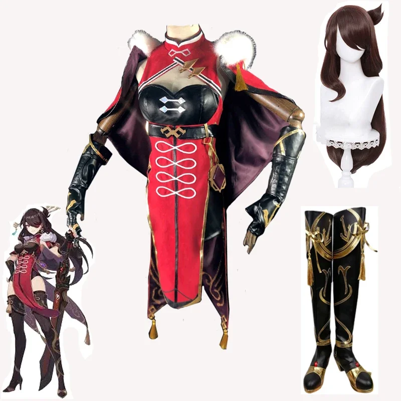 

Game Genshin Impact Cosplay Beidou Role Play Costume Women Black Red Uniform Suit Halloween Dress Cloak Pants Glove Full Set