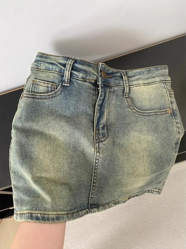 

Retro Waed Denim Skirt Women Summer Thin Versatile plus Size Flattering Slim Elastic A-Line Wraparound f-length Skirt