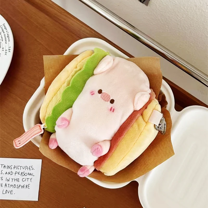 1Pcs Cute Sandwich Pig Coin Purse Adorable Plush Animal Pendant Keyrings Headphones/Coins Organizing Bags Girls Like Fun Gifts