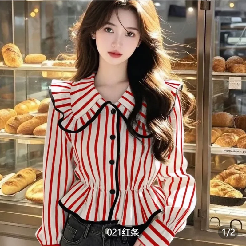 2026 French Style Unique Doll Long Sleeve Striped Shirt for Women Elegant Spring Summer New Arrival Petite Fashionable Design