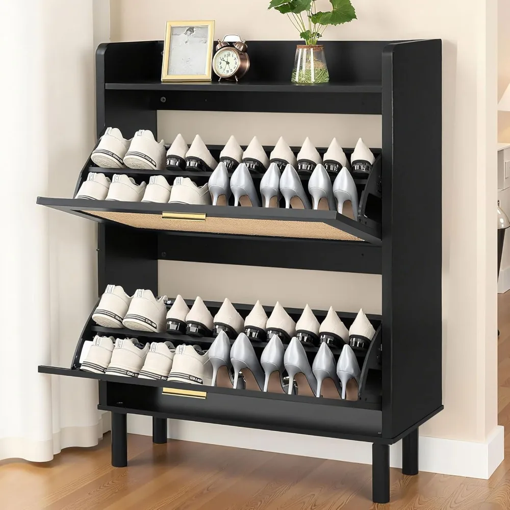 

Extended Shoe Cabinet with Natural Rattan Flip Drawers for Entryway, Free Standing 2 Tier Slim Shoe Organizer