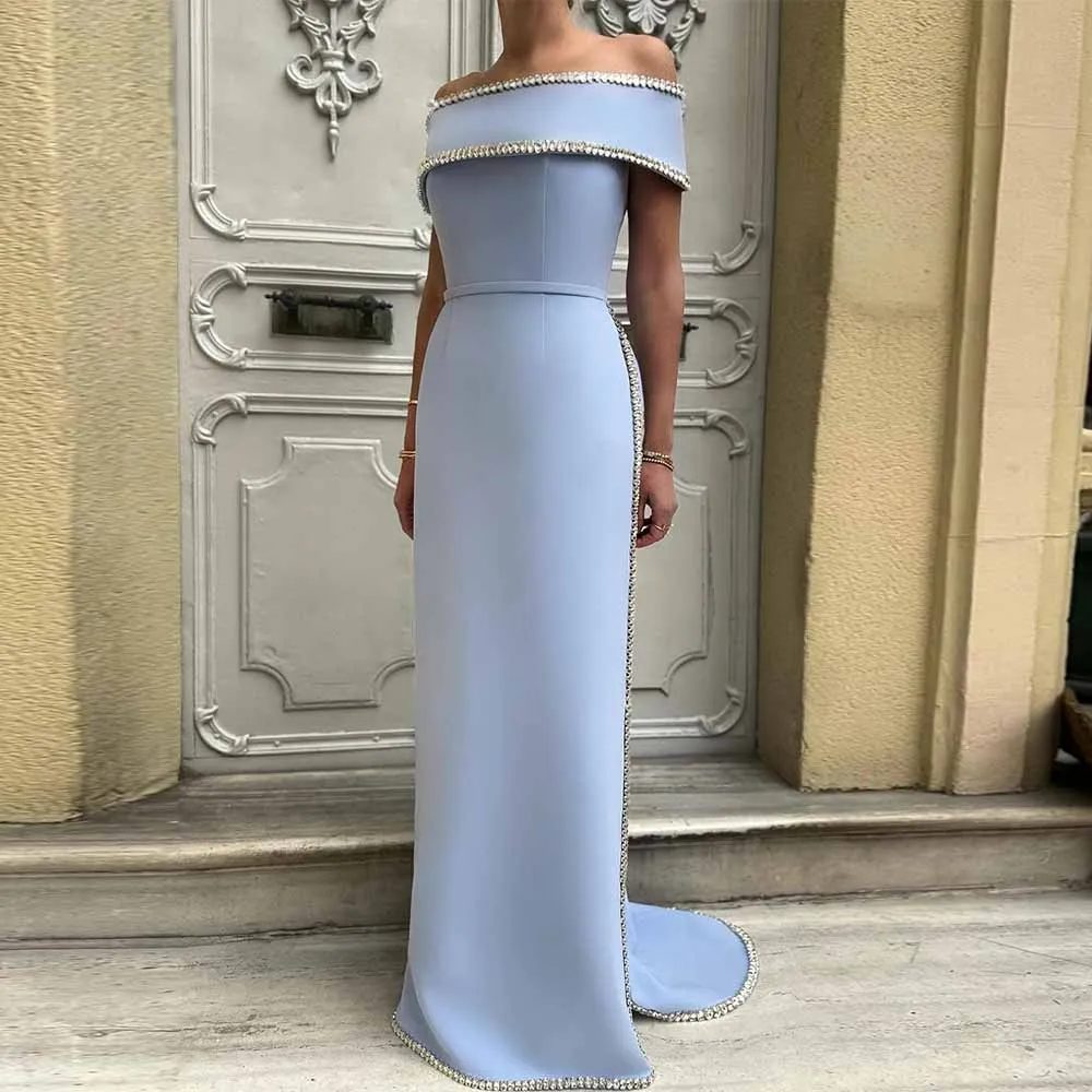 2026 Wedding Dresses Women Crepe Fabric Sheath Wedding Party Dress Sky Blue Off-the-shoulder Crystals Taili Wedding Guest Dress