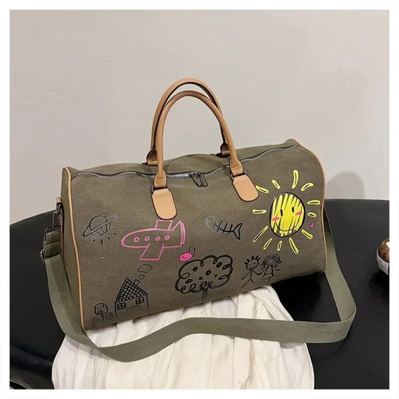 Canvas Zipper 2024 Hot Selling Travel Bag Patchwork Large Capacity Casual Cute Shoulder Bag Soft Versatile Trendy Travel Duffels